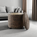 Casafield 17" Round Storage Ottoman with Lid - Espresso, Handwoven Water Hyacinth Footstool for Living Room, Bedroom, Bathroom, Home Office
