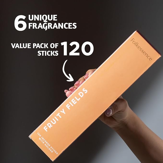 Folkulture Incense Sticks with Holder (120 Sticks) | Set of 6 Fruit Incense Sticks for Mood, Stress Relief | No Charcoal, Organic, Non Toxic, 45 Mins,Long Burning Mango, Pineapple, Insence-Sticks