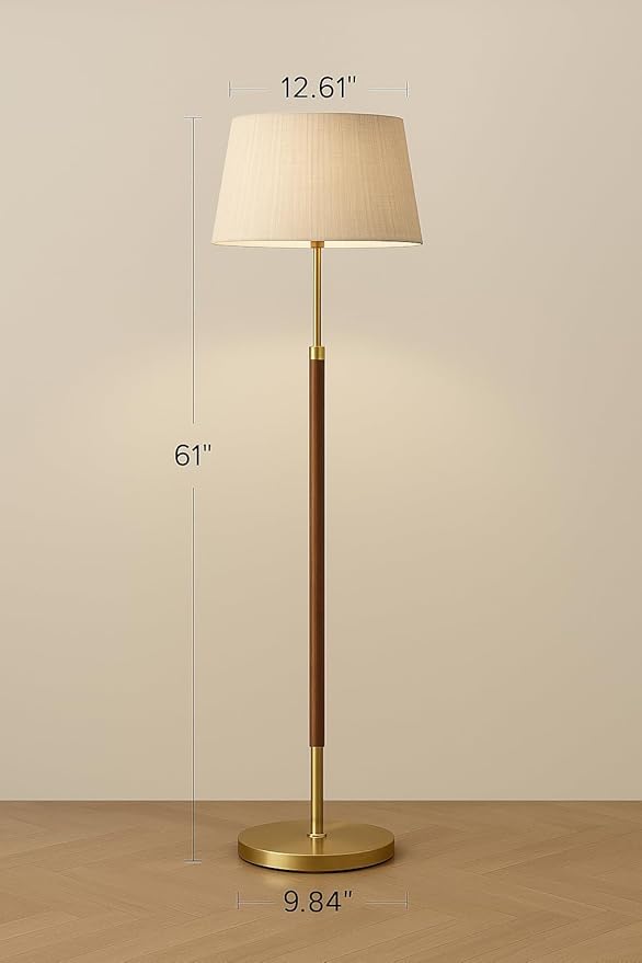 JOOFO Mid-Century Modern Wood Floor Lamp with Dual Fabric Shade, Remote Control, Dimmable & Adjustable Color Temperature, Reading & Living Room Lamp, Easy Clean Cover, Foot Switch,Walnut Wood