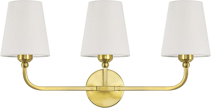 Kvhilw Bathroom Vanity Light, Brushed Gold Bathroom Light Fixtures, 3-Light Lighting Fixtures Over Miror, Modern Wall Sconce with Flared White Fabric Shade, E26 Socket(ETL Listed)