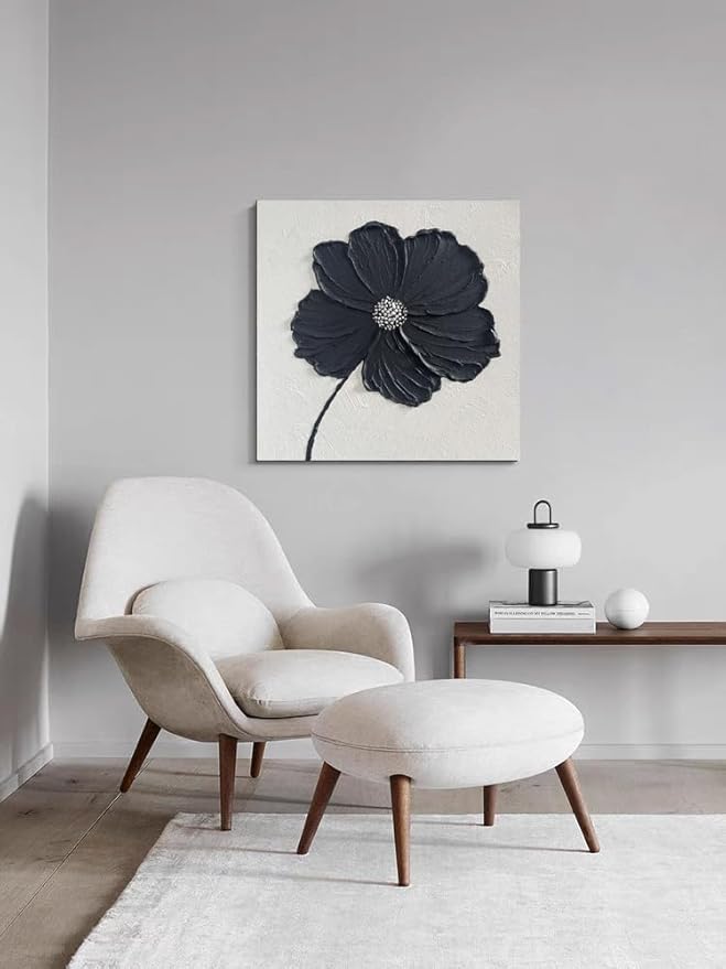YaSheng Art - Thick Texture Flowers Abstract Oil Painting 100% Hand-Painted Black and White Wall Art Minimalist modern Abstract Art Paintings Home Living room Room Dining Room Bedroom Wall Decorative Art Oil Painting 24x24inch