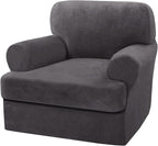 H.VERSAILTEX Sofa Cover 2 Piece T Cushion Armchair Slipcovers Thick Velvet Couch Cover Furniture Protector Stretch T Cushion Sofa Covers for 1 Cushion Couch with 1 Individual T Cushion Covers, Grey