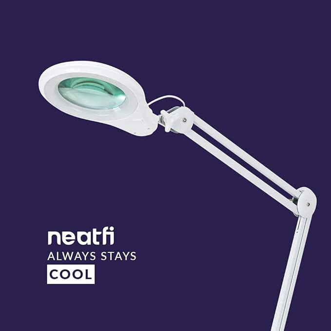 Neatfi 1,200 Lumens LED Magnifying Lamp with Clamp – 5-Inch Lens, 5 Diopter, Dimmable, Adjustable Arm, Includes Microfiber Cloth, Lamp for Reading, Sewing, Crafting (White, 5 Diopter)