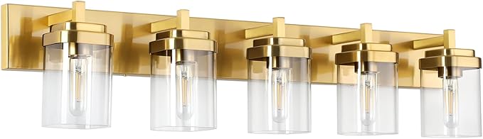 Vanity Light Fixture,5-Light Vanity Light for Bathroom,Brushed Gold Bathroom Vanity Lighting Over Mirror with Square Clear Glass Shade for Restroom