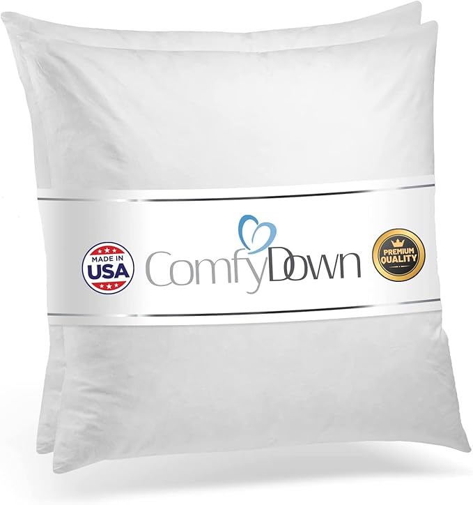 ComfyDown 18X18 Decorative Throw Pillow Insert, Down and Feathers Fill, 100% Cotton Cover 233 Thread Count, Square Pillow Insert - Made in USA (Set of 2)