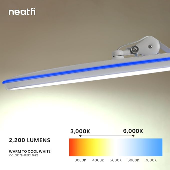 Neatfi XL 2,200 Lumens LED Task Lamp, 20W, 182SMD LEDs, 23-Inch Ultra-Wide, 4 Brightness Levels, 3 Light Modes, Dimmable, Eye-Caring, Glare-Free (CCT with Clamp, White)