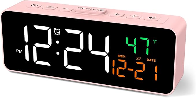 Netzu 3-in-1 Digital Clocks for Living Room with Temperature, Date & Time Display - 4 Levels Birghtness, 3 Volumes, Small & Compact Plug-in Alarm Clock for Bedroom Pink