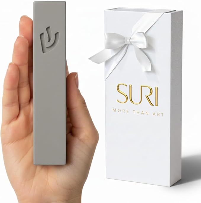 SURI Mezuzah and Printed Scroll Set – 5 Inch Light Gray Concrete Mezuzah Case, Self-Stick Adhesive, Fits a 4 Inch Mezuza Scroll, Gift Box Included