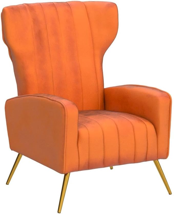 Modern Velvet Accent Chair, Channel Tufted Bedroom, Office or Living Room Furniture with Elegant Metal Legs, 26" Wide Armchair, Orange Red