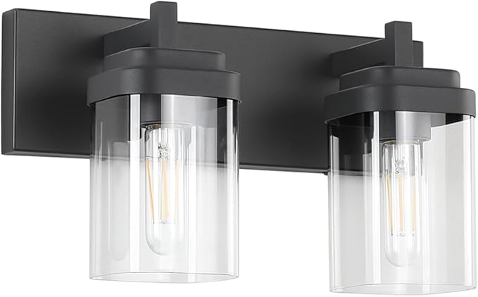 Vanity Light Fixture,2-Light Vanity Light for Bathroom,Matte Black Bathroom Vanity Lighting Over Mirror with Square Clear Glass Shade for Restroom