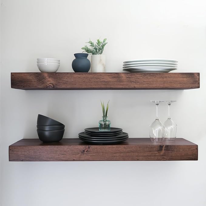 Urbandi Modern Floating Shelves 3 Inches Thick for Wall, Wide Shelves for Kitchen, Living Room, Bedroom, and Bathroom, Natural Pine Wood, Rustic Wooden Shelf, (Set of 2) (Provincial, 24Lx3Hx8D)