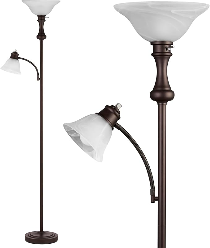 71'' Torchiere Floor Lamps for Living Room, Tall Floor Lamp for Bedroom with Adjustable Angle Arc Reading lamp, Modern Standing lamp with Glass Shade, Knob Switch, Bulb Included, Red Brown
