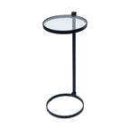 TEHOME Black Glass Drink Table Metal Martini Round Small Drink Side Table for Couch Tempered Glass C Shaped End Table for Sofa 10" diam,24.55" h