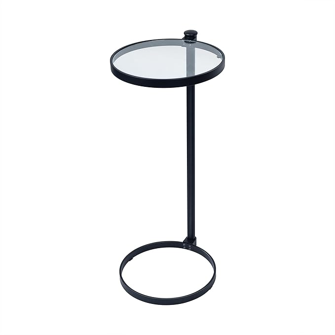TEHOME Black Glass Drink Table Metal Martini Round Small Drink Side Table for Couch Tempered Glass C Shaped End Table for Sofa 10" diam,24.55" h