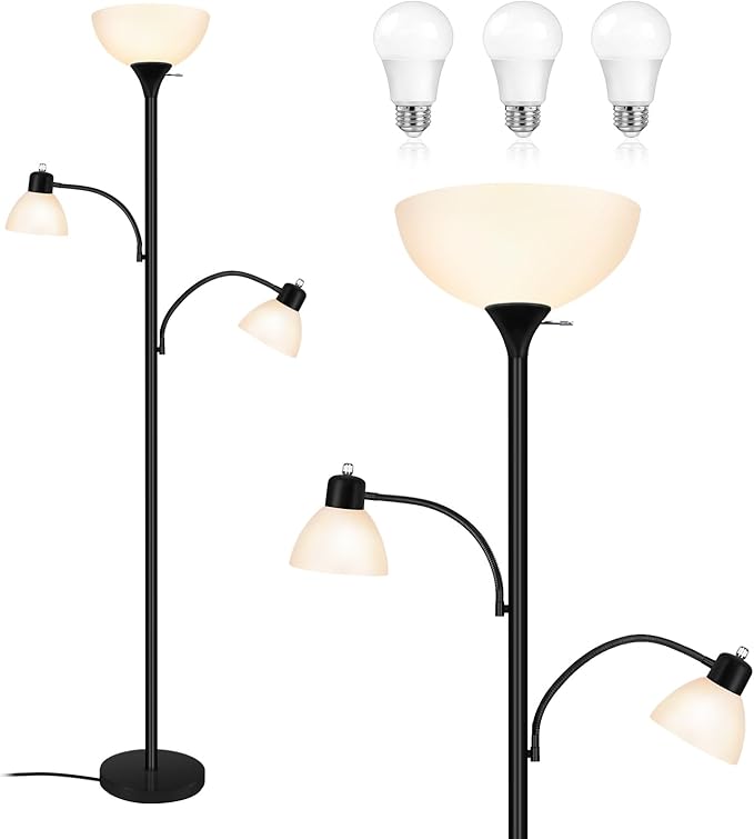 Luvkczc Floor Lamps for Living Room, 72" Tall Torchiere Floor Lamp with 8W Adjustable Reading Lights, Industrial Lamps for Living Room, Bedroom, Office, Black Tree Floor Lamp【3 Bulbs Included】
