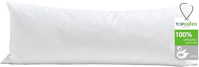 Feathers Down Pillow Insert 14x36, 100% Organic Cotton Shell, Large Lumbar Pillow Insert, Decorative Throw Pillow for Living Room Sofa, Couch, or Bed (White)