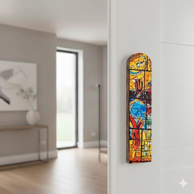 SURI Wooden Mezuzah Case for Door – 5 Inch Yellow Chagall-Inspired Mezuza Cover with Printed Scroll, Self-Stick Adhesive, Fits a 4 Inch Scroll, Gift Box Included