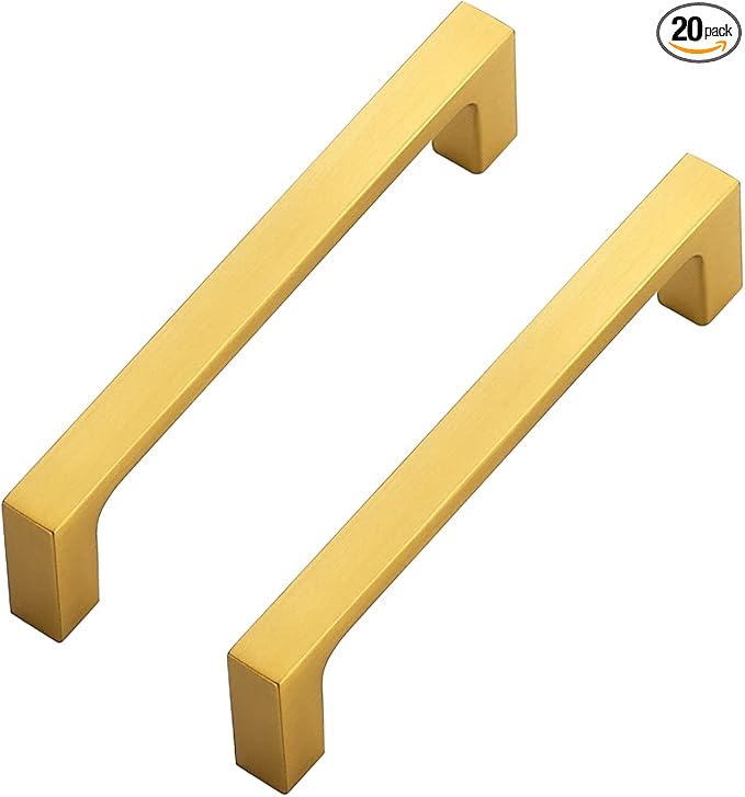 Ravinte 20 Pack Solid 4 Inch Square Cabinet Handles - Brushed Brass Drawer Pulls - Kitchen Hardware and Handles