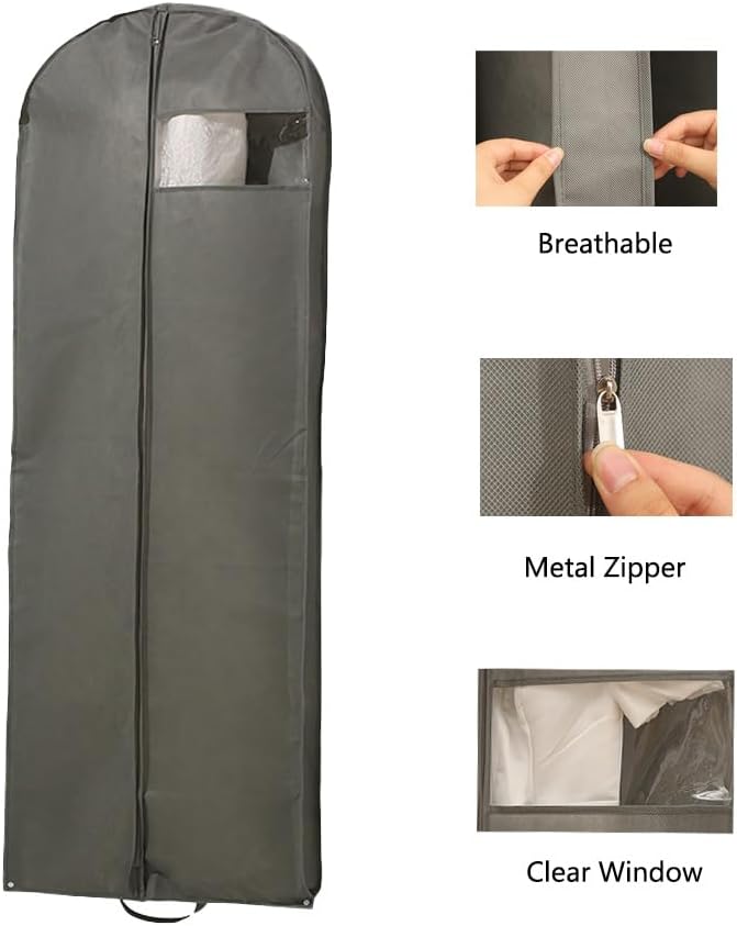 72" Wedding Dress Garment Bags Foldable Dress Bag for Long Gowns Traveling Protector Cover for Hanging Clothes with Zipper (Grey)