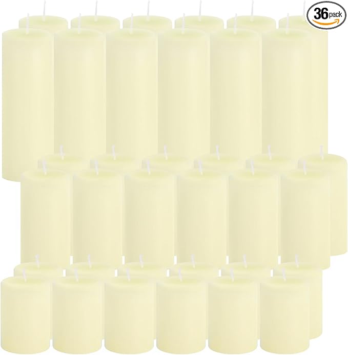 36 Pcs Ivory Pillar Candles Bulk Set，Hurricane Candles，3 Different Lengths 2 x 3/4/6 Inch (12 Each)，Dripless Unscented Smokeless，Gives You a Better Atmosphere When Organizing an Event Party.