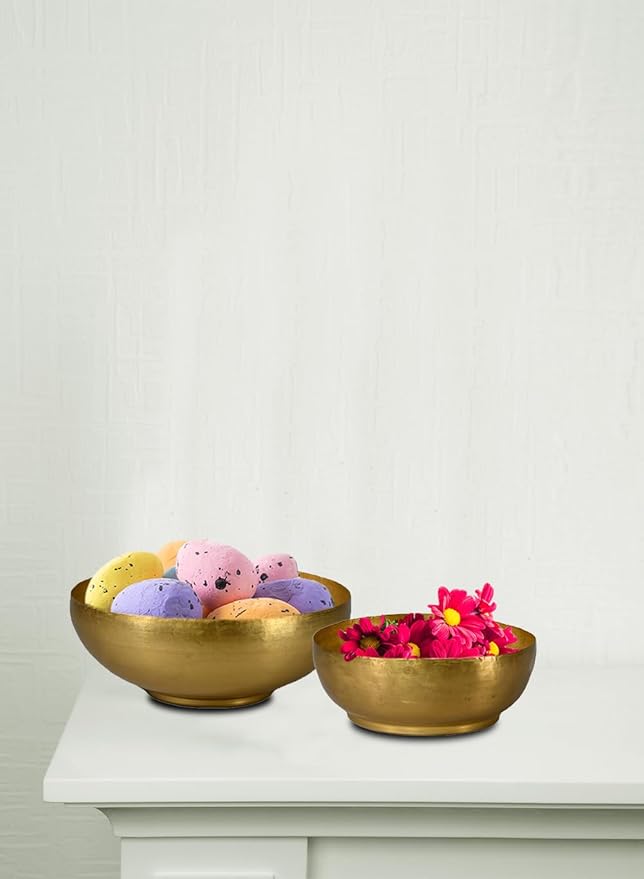 Serene Spaces Living Lightweight Antique Brass Decorative Bowl - Elegant Potpourri Catchall for Diwali Home Décor, Entryway and Dining Table, 2.75" Tall & 7.5" Diameter