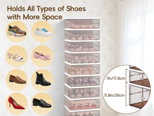 GCCSJ Shoe Rack Organizer Storage Box 9 Tiers-18 Pairs, Portable Folding Shoe Rack with Magnetic Clear Door for Closet Entryway (Brown, 9 Tiers 18 Pairs)