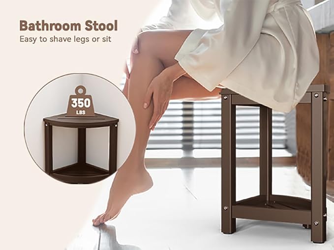 Shower Stool for Inside Shower, Corner Shower Bench Seat, HDPE Waterproof Shower Stool for Shaving Legs with Baffle Storage Shelf, Shower Seat/Foot Rest for Bathroom, Indoor/Outdoor Use, Brown