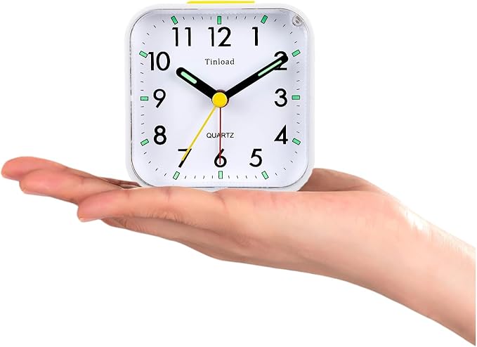 Small Battery Operated Analog Travel Alarm Clock Silent Non Ticking, Gentle Wake, Ascending Beep Sounds, Snooze,Lighted on Demand, Easy Set(White)