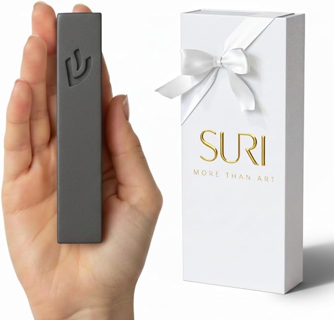 SURI Mezuzah for Door – 4 Inch Dark Gray Concrete Mezuzah Cover with Printed Scroll, Self-Stick Adhesive, Fits a 3 Inch Mezuza Scroll, Gift Box Included