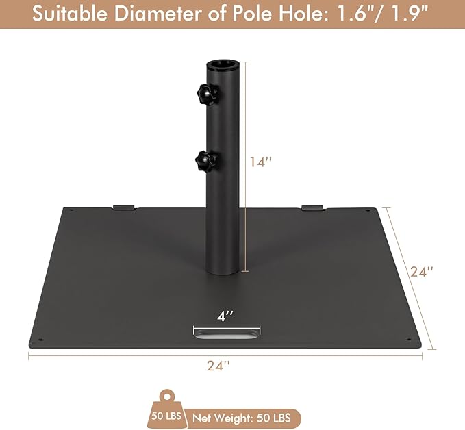 Giantex 50 lbs Umbrella Base - 24 inch Square Umbrella Stand with 2 Rollers, Heavy Duty Steel Umbrella Base Weight for 1.6''-1.9'' Poles, 2 Knobs, Patio Umbrella Holder for Garden Deck Poolside, Black