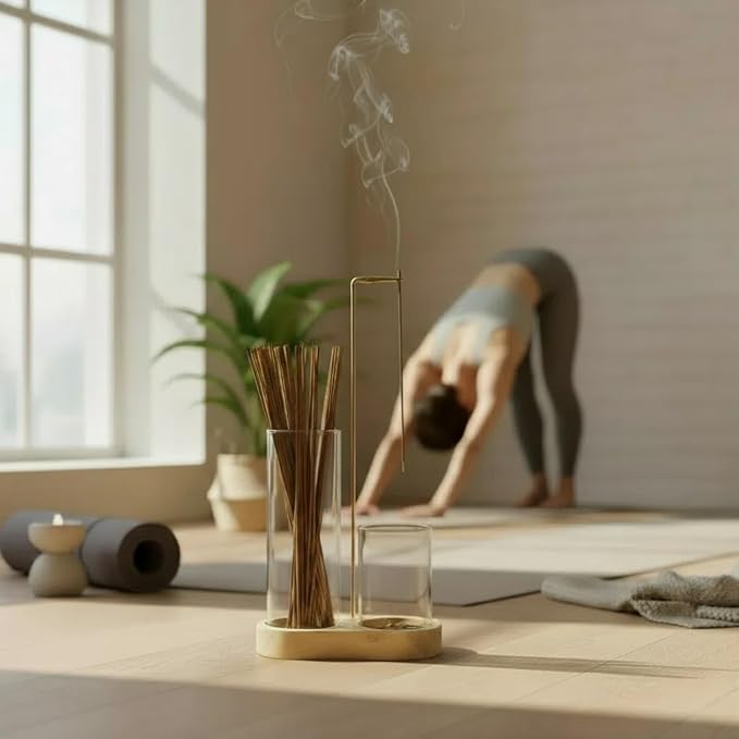 2 in 1 Glass Incense Holder for Sticks, Wooden Base Incense Burner with Metal Brush for Meditation Yoga Spa Office Home Decor Gifts(Brown,Natural Wood Color) (Natural Wood)