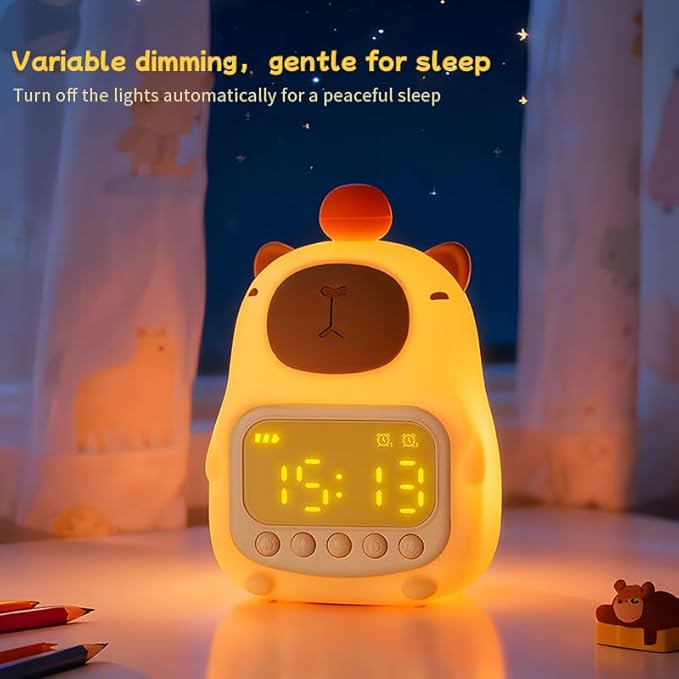 Capybara Alarm Clock with Night Light for Kids, Cute Toddler Alarm Clocks for Bedrooms Ok to Wake Clocks for Girls and Boys, Rechargeable Silicone Animal Tabletop Lamp for Kid