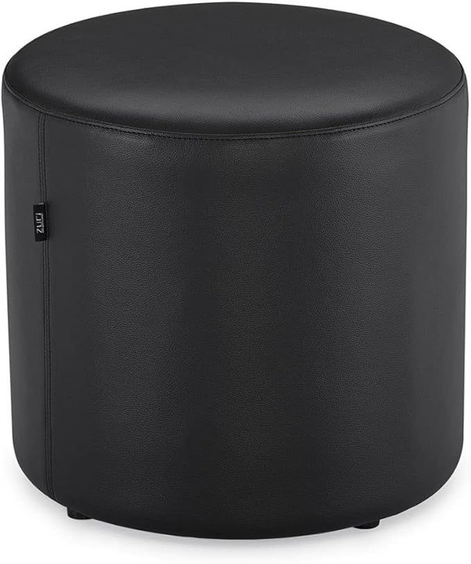 ZURI Modern Artos Round Ottoman in Black Leatherette