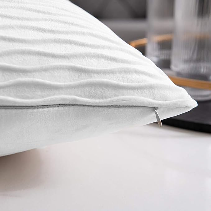 White Striped Couch Pillow Cases: 2 Pack 22x22 Inch Original Velvet Square Throw Pillow Covers for Farmhouse Home Decor