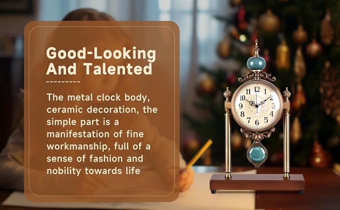 Vintage Fireplace Mantel Clock – Silent Retro Desk Clock for Living Room, Walnut Base with Metal Surface Antique Shelf Pendulum Clock, Home Decor