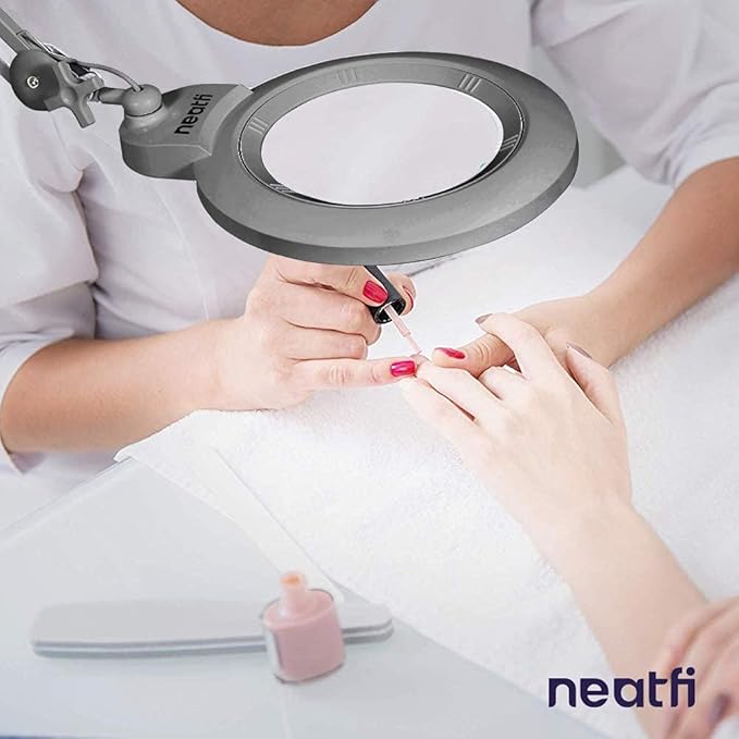 Neatfi XL Bifocal LED Magnifying Lamp – 7-Inch Acrylic Lens, 2.25x & 6X Magnification, 1,600 Lumens, Dimmable LED, Adjustable Arm, Hands-Free Close Work (Silver, with Clamp)