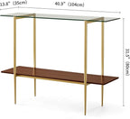 Glass Console Table for Living Room, Foyer & Entrance, 2-Tiers Mid-Century Modern Sofa Table with Clear Glass Top, Walnut Finish Wood Top and Gold Finish Metal Frame