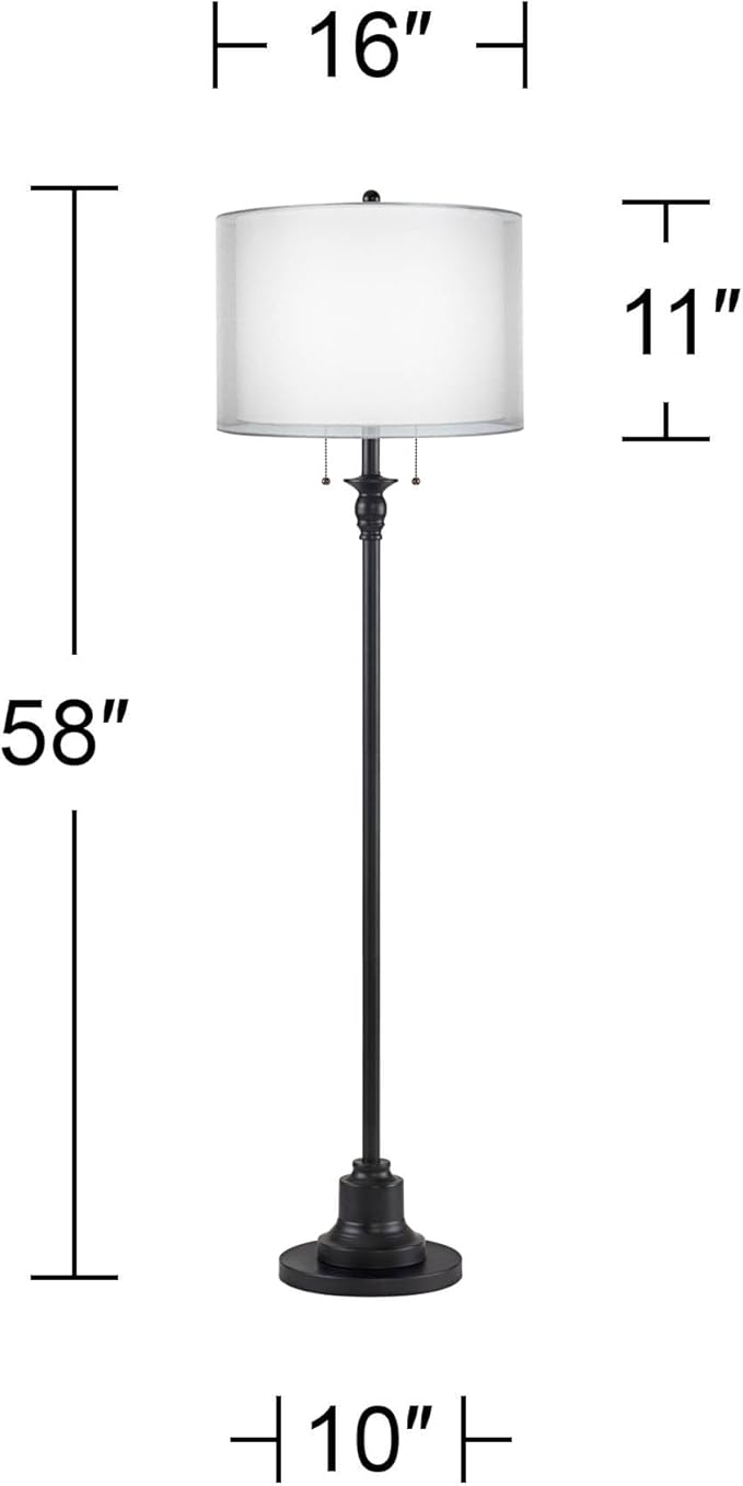 360 Lighting Dyna Traditional 58" Tall 2-Light Standing Floor Lamp Skinny Pole Pull Chain Black Finish Living Room Bedroom House Reading Office Home Decor Entryway Dining Silver Sheer Shade
