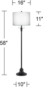 360 Lighting Dyna Traditional 58" Tall 2-Light Standing Floor Lamp Skinny Pole Pull Chain Black Finish Living Room Bedroom House Reading Office Home Decor Entryway Dining Silver Sheer Shade