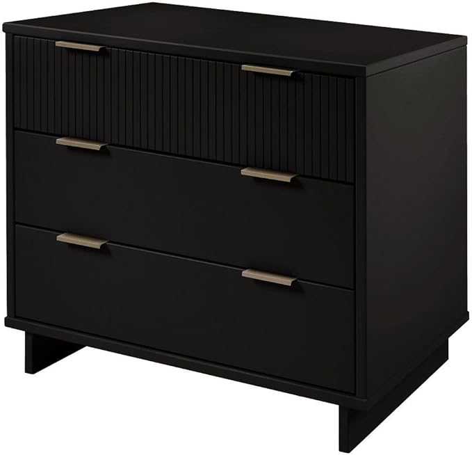 Manhattan Comfort Granville 38-Inch Solid Wood Dresser with 3 Full Extension Soft Close Drawers, Fluted Ribbed Front with Gold Metal Handles for Bedroom, Living Room, Dorm, Nursery in Black