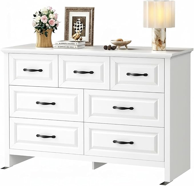 Marsail Farmhouse 7 Drawer Dresser, Wood Chest of Drawers with Natural Texture, Smooth Gliding Drawers, Versatile Storage Organizer Cabinet for Bedroom & Living Room, White