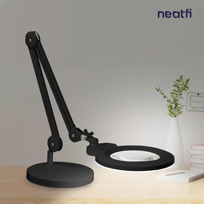 Neatfi XL Bifocal LED Magnifying Lamp – 7-Inch Acrylic Lens, 2.25x & 6X Magnification, 1,600 Lumens, Dimmable LED, Adjustable Arm, Hands-Free Close Work (Black, with Base)