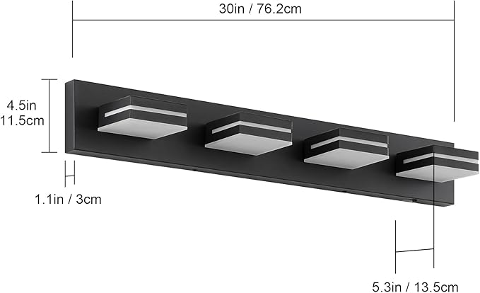 Bathroom Vanity Lighting Fixtures Over Mirror (4-Light, 30-Inch) Dimmable Modern LED Bathroom Wall Lighting Fixtures, Matte Black (3000K/3500K/4000K/5000K/6000K)