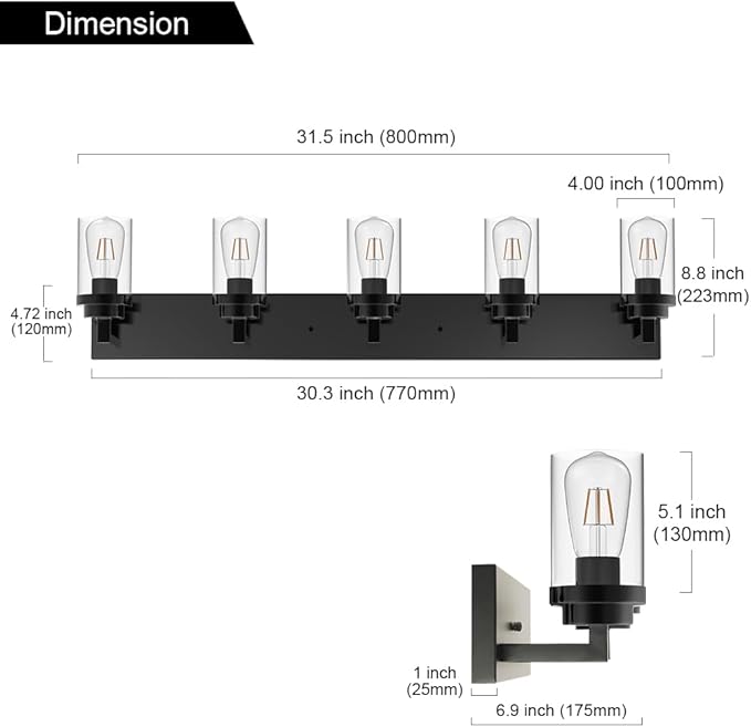 MELUCEE 5-Light Black Bathroom Light Fixtures with Clear Glass Shade, Black Vanity Lights Industrial Wall Mount Light for Bathroom Mirror, Powder Room Bedroom