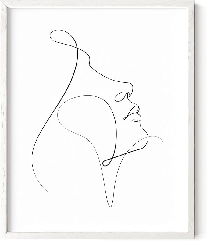 Minimalist Woman Profile Wall Art Upward Gaze Continuous Line Drawing Feminine Face 16x20 Inch Oak Wood White Framed Modern Aesthetic Print for Living Room