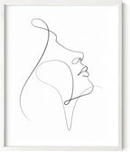 Minimalist Woman Profile Wall Art Upward Gaze Continuous Line Drawing Feminine Face 16x20 Inch Oak Wood White Framed Modern Aesthetic Print for Living Room