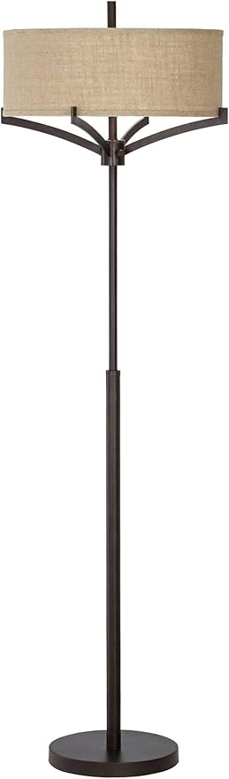 Franklin Iron Works Tremont Modern Mid Century Floor Lamp Standing 62" Tall Deep Bronze Metal Tan Burlap Drum Shade for Living Room Reading Bedroom Office House Home Decor