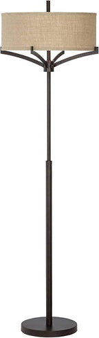 Franklin Iron Works Tremont Modern Mid Century Floor Lamp Standing 62" Tall Deep Bronze Metal Tan Burlap Drum Shade for Living Room Reading Bedroom Office House Home Decor