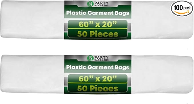 PARTY BARGAINS Disposable Garment Bag, 100 Pack, 60 x 20 IN, Polyethylene, Zipper Closure