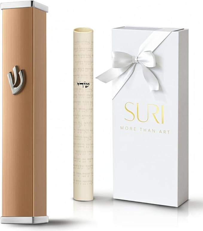 SURI Mezuzah Cover – 3.8 Inch Bronze Aluminum Jewish Door Mezuza Case with Printed Scroll, Contemporary Judaica Style, Fits a 3 Inch Scroll, Self-Stick Adhesive